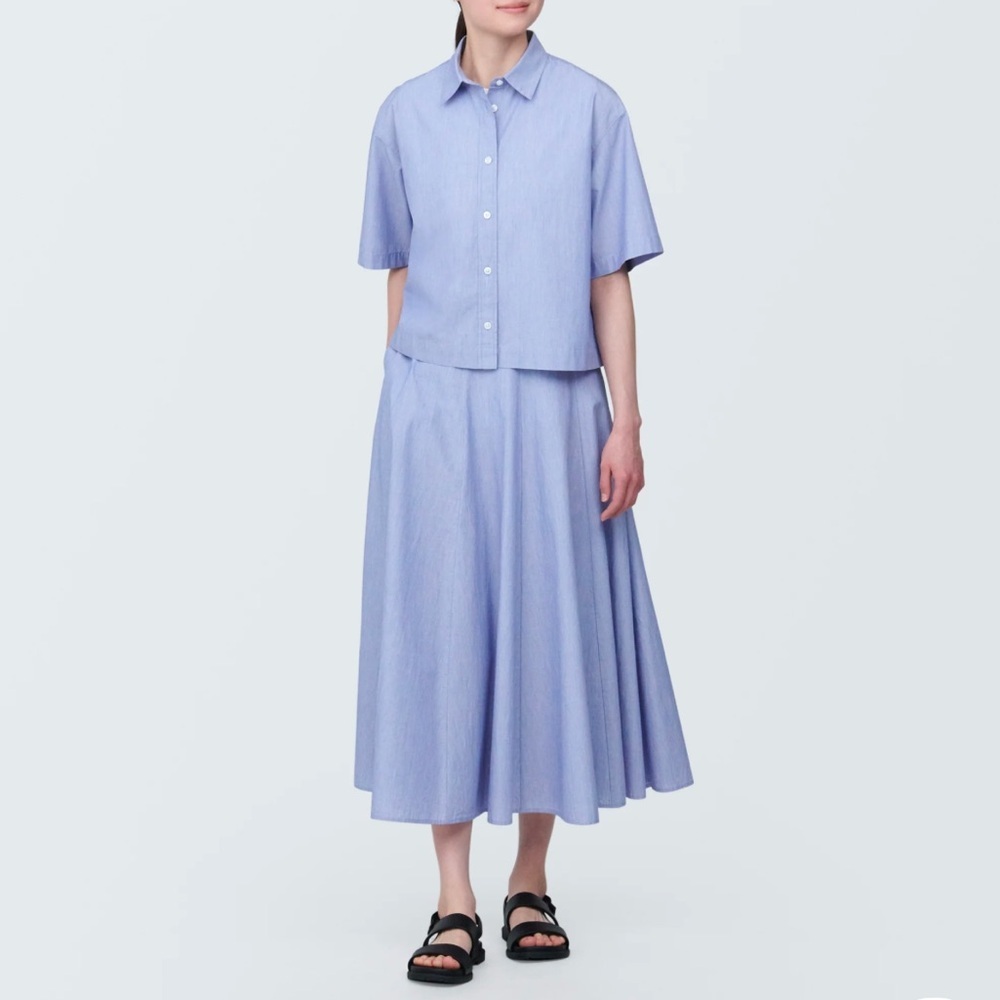 Muji Cool Touch Broadcloth Patterned Flared Skirt blue - Picture 2 of 12